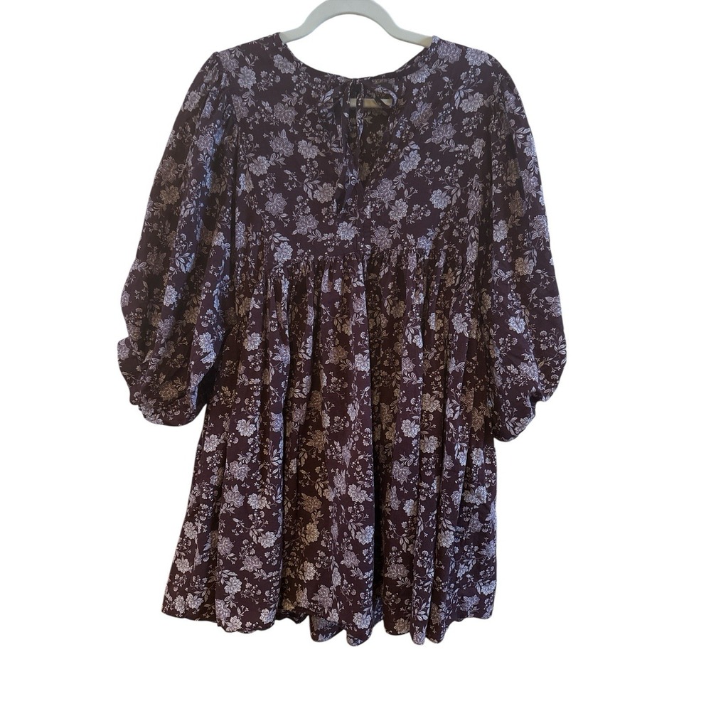 Madewell Burgundy Floral‎ Split Neck Puff Sleeve Woman's Mini Dress Size Medium